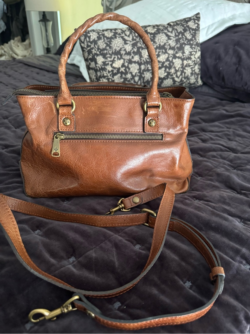 Patricia Nash Brown Leather Satchel Handbag with Detachable Strap purse